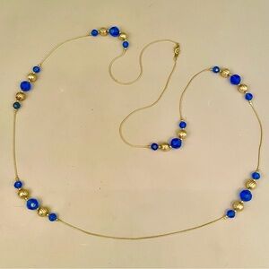 Vintage Cobalt Blue & Gold Bead Long Chain Necklace Gold Tone Plastic Metal